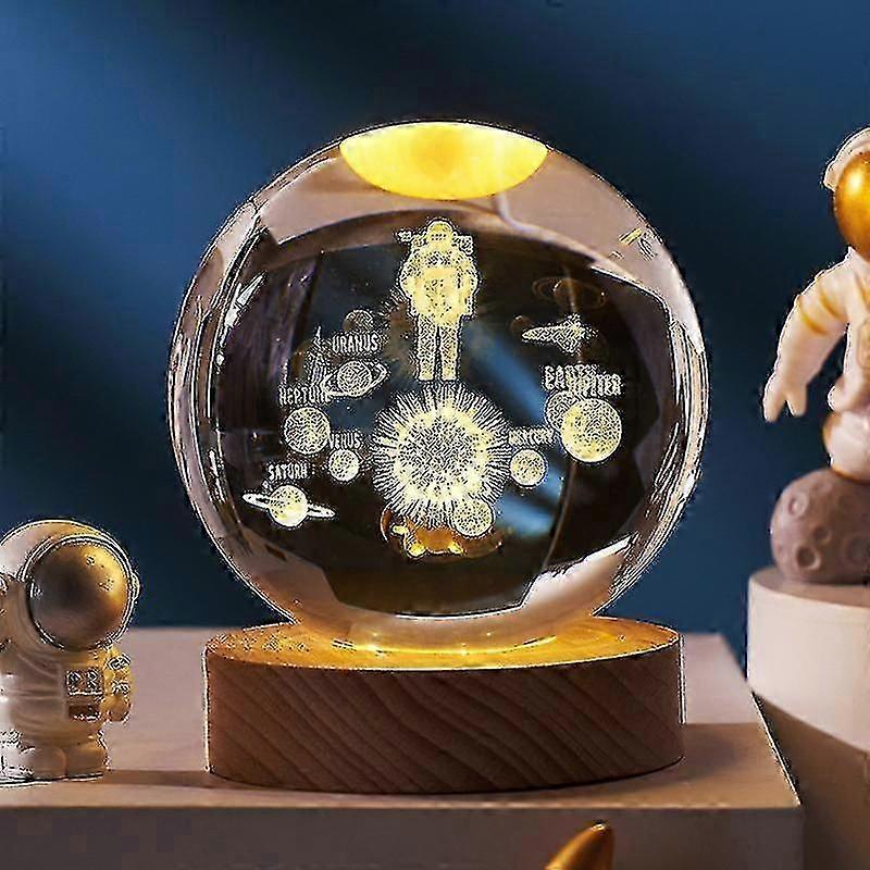 3d Planet Crystal Ball With Wooden Base,3d Crystal Led Night Light,space Galaxy Crystal Ball Ornament For Home
