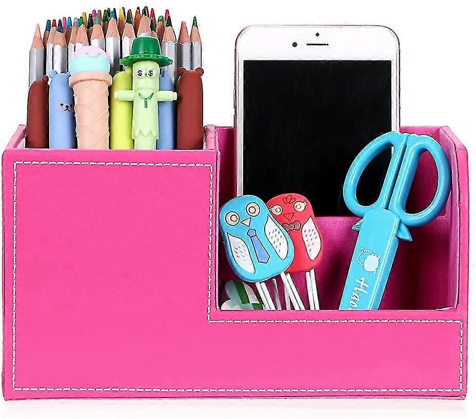 Desk Pen Pencil Holder Leather Multi-function Desk Stationery Organizer Storage Box