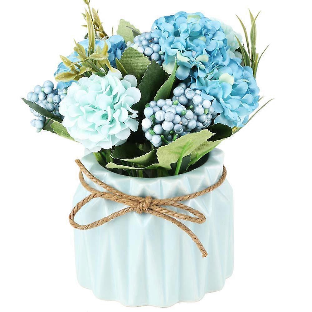 Artificial Hydrangea Bouquet With Small Ceramic Vase Silk Flower Balls Centerpiece Table Home Party Office Wedding Blue