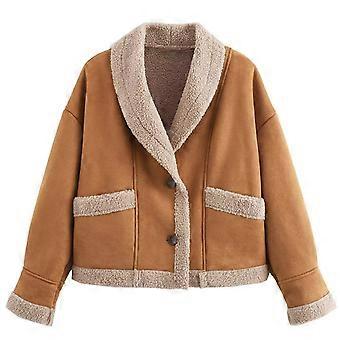 Retro Polyester Jas Dames Elegante Chocolade Revers Jassen Lange Mouw Top met Zak Voor Herfst En Winter Chocolade Kleur S
