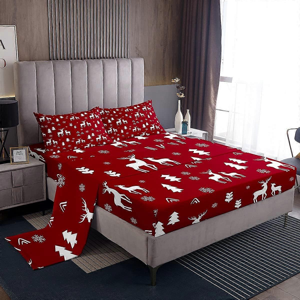 Sheet Set Queen Size Merry Christmas Christmas Deer Pattern Bedding Bedroom Decor