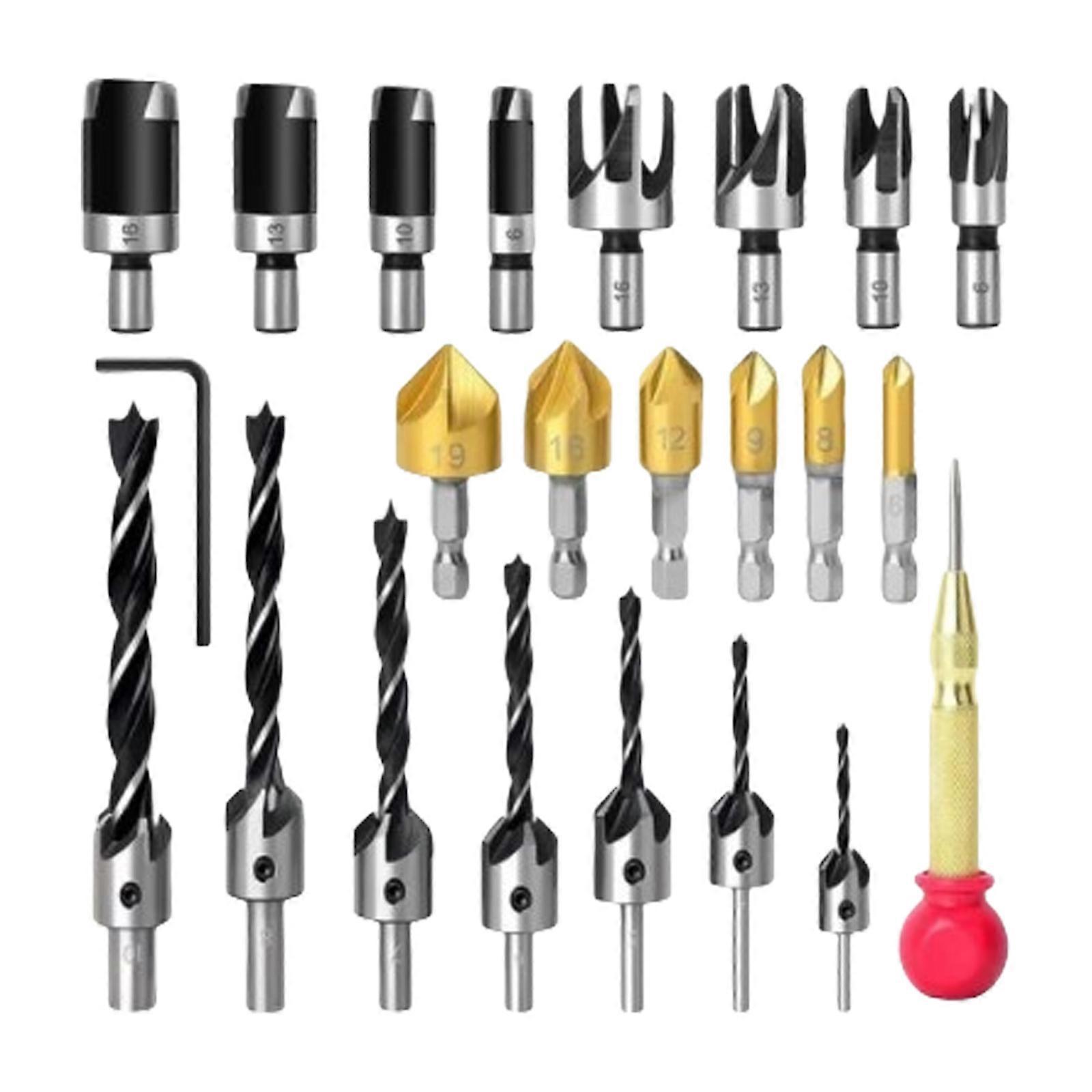 23Pcs Woodworking Chamfer Drilling Tool Set Three Pointed Countersink Drill Bit Woodworking Chamfering Device