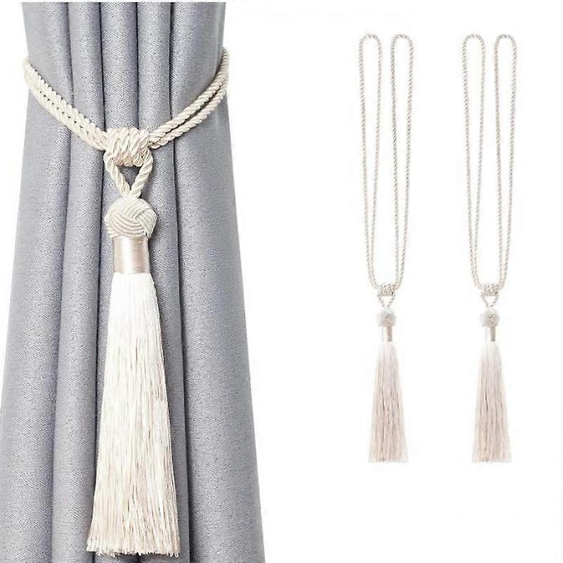 Pack Long Tassel Curtain Tiebacks Handmade European Style Braided Rope Knot Curtain Holdbacks for Home Office Window Decor (Beige)