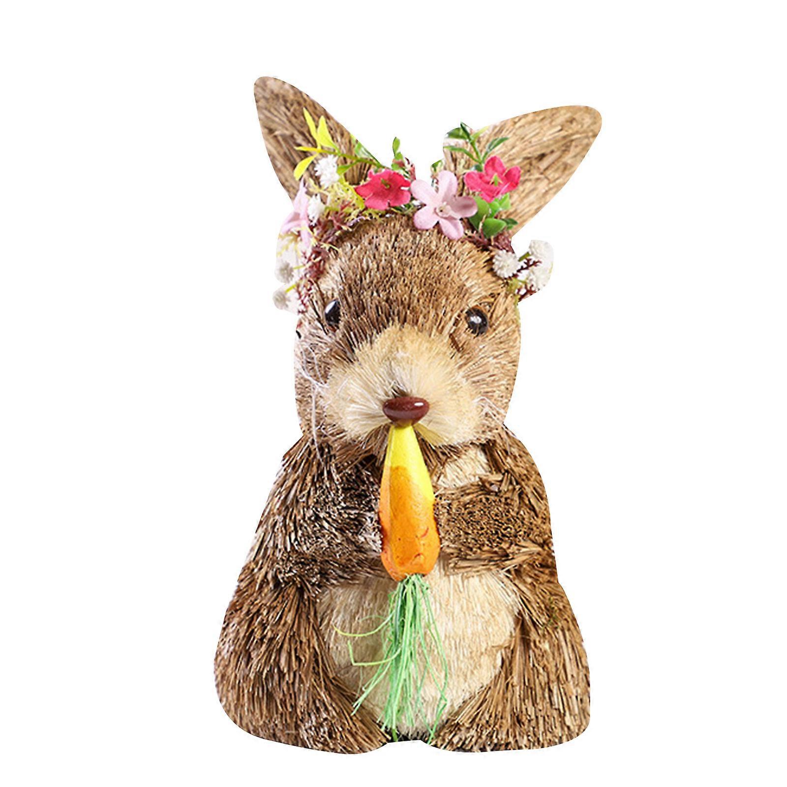 Easter Lifelike Sitting Rabbit Ornament Cute Straw Bunny for Doll with Carrot Wr