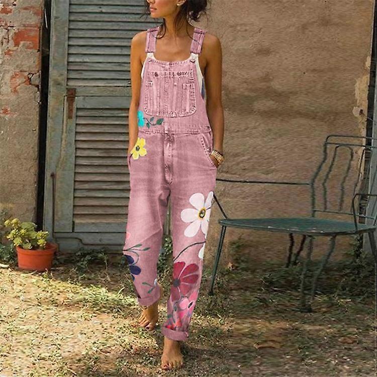 Women's Spring and Summer Denim Jumpsuits Flower Printed Overalls Loose Casual Long Pants Plus Size XS-6XL