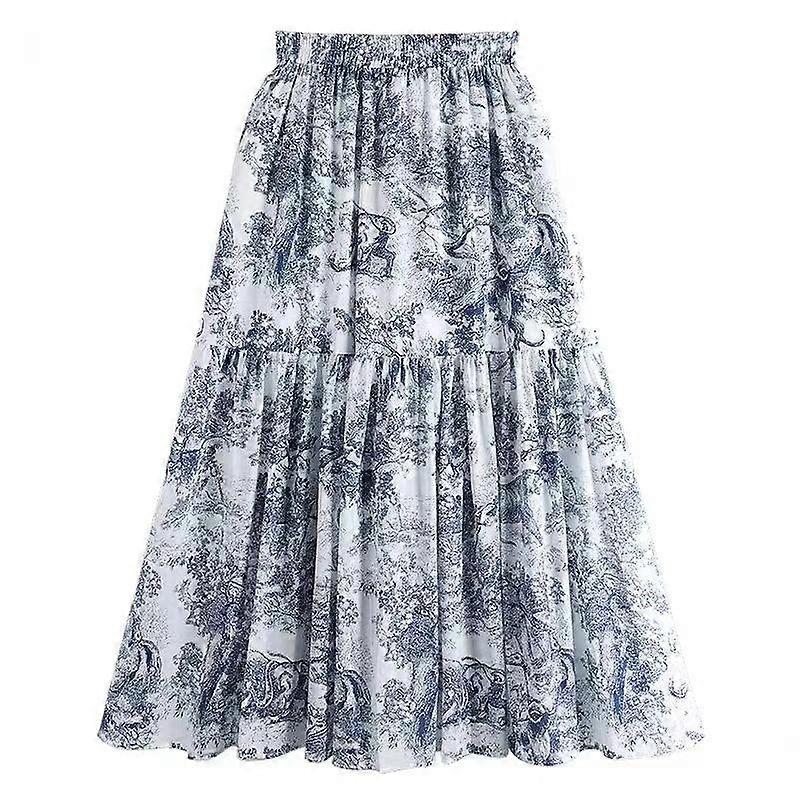 Retro Hong Kong style ink painting printed half skirt for women's summer new high waisted chiffon mid length patchwork large hem A-line skirt