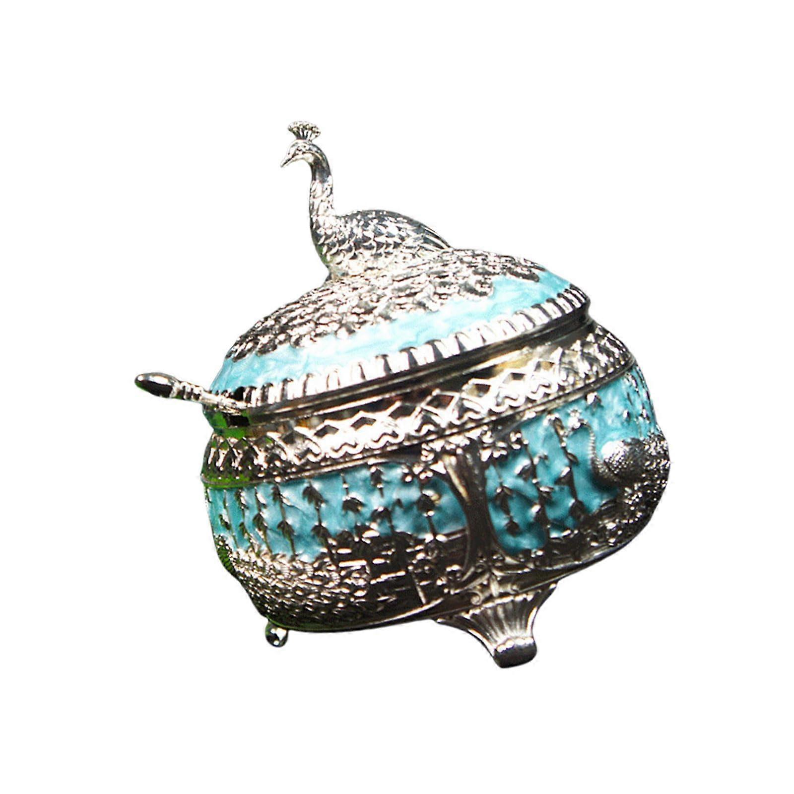 Decorative metal peacock sugar bowl with lid and spoon, kitchen accessories, table decoration for home silver, blue