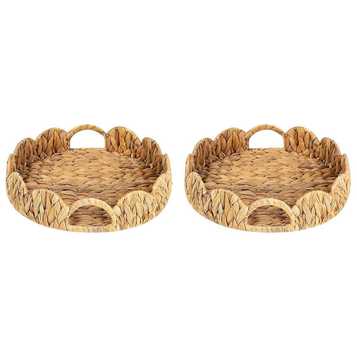 Scalloped Edge Round Tray, Round Serving Tray with Built-in Handles