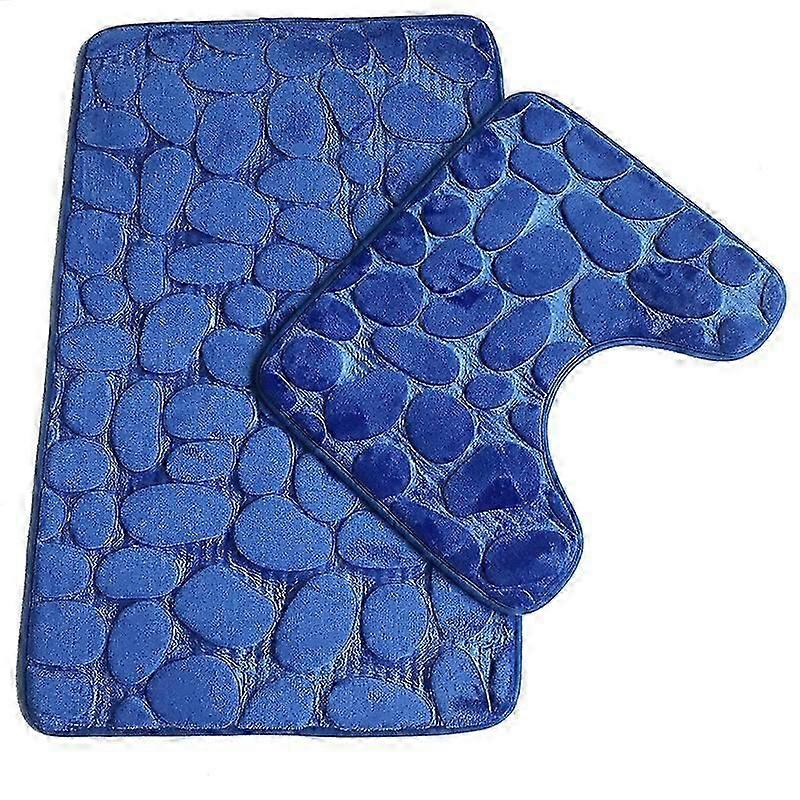 Non Slip 2 Bath Mat Set, Super Soft Bath Mat and Pedestal Rug, Memory Foam Pebble Shower Mat Quick Dry Bath Mat U Shaped Contour Mat Blue