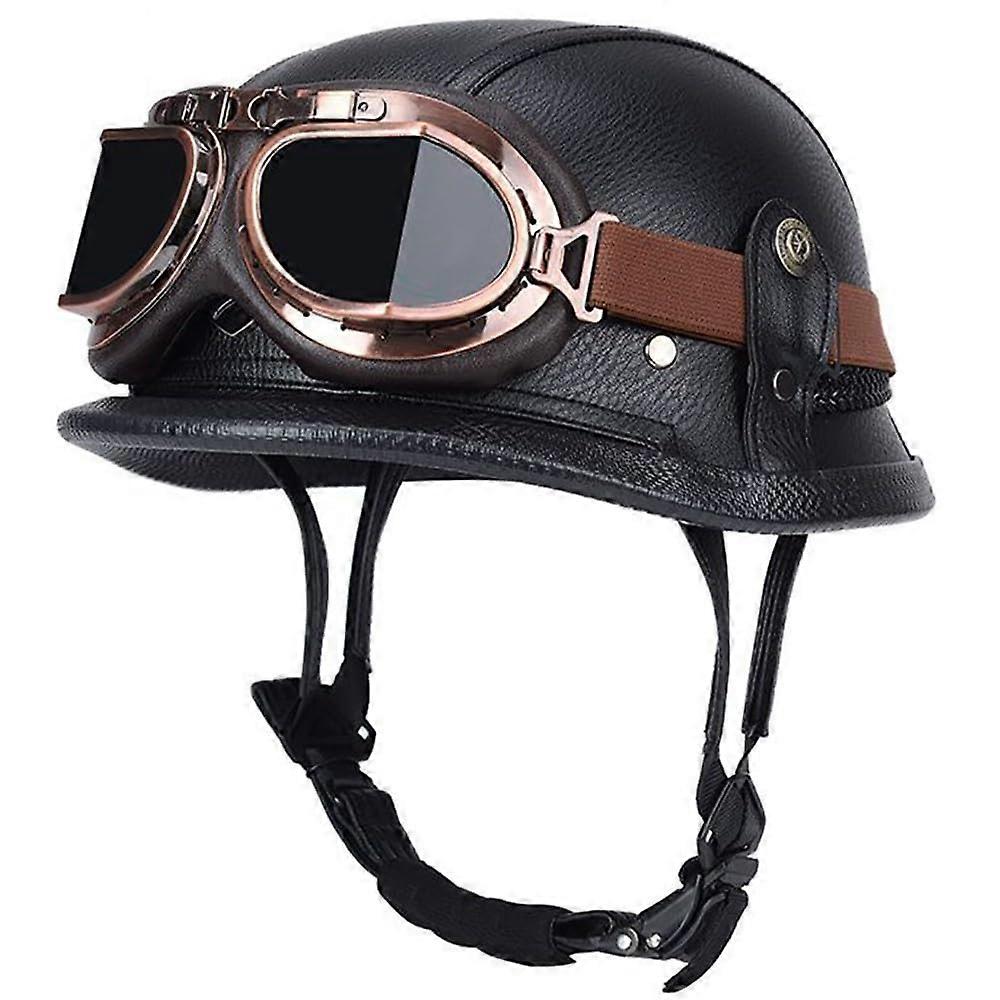 Retro Motorcycle Half Helmets Leather Half Helmet German Style Goggles ECE Approved Scooter Helmet Cruiser Biker M 55-57