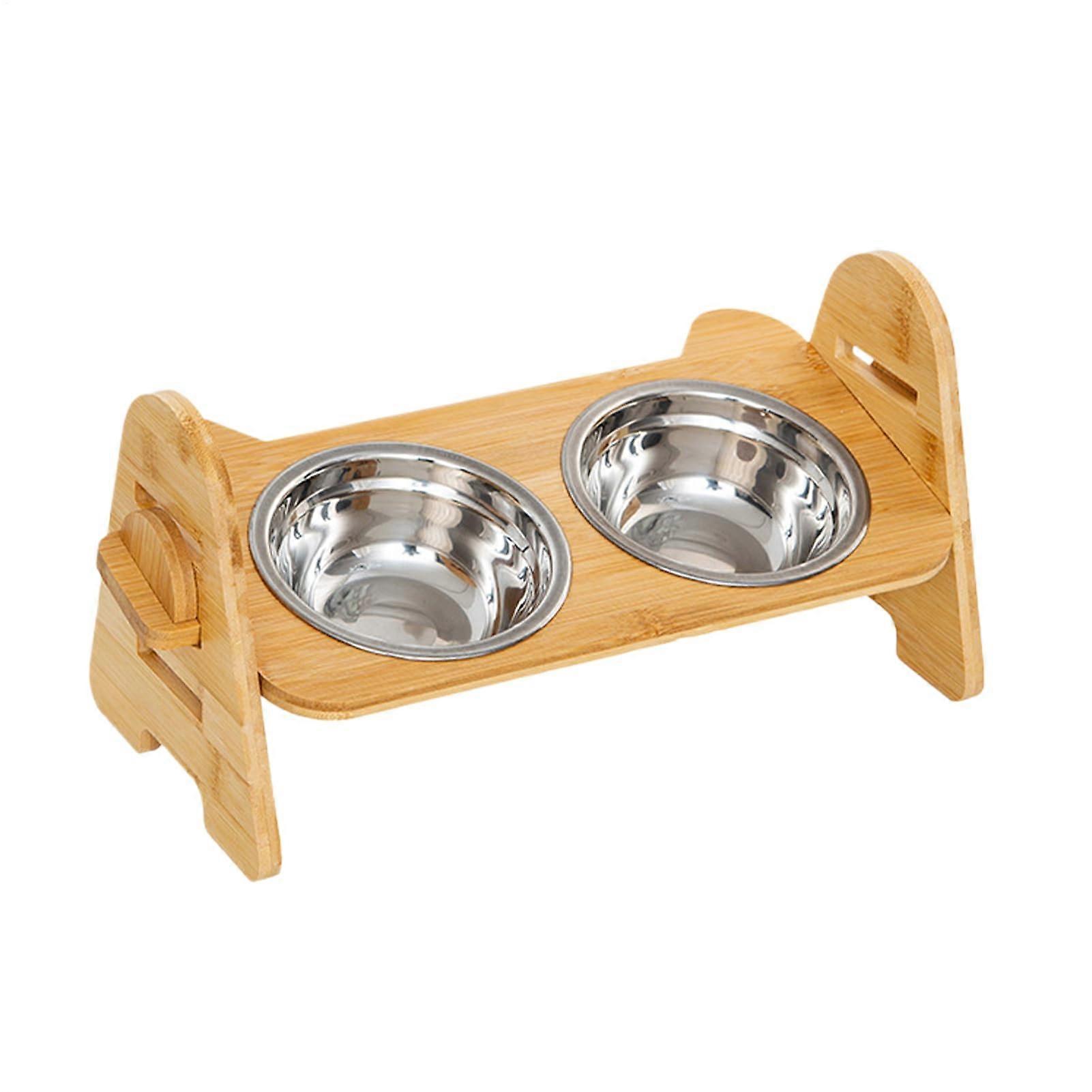 Raised Dog Bowl – Adjustable Bamboo Dog Feeding Station with 2 Non-Slip Bowl Holders for Easy Floor Feeding