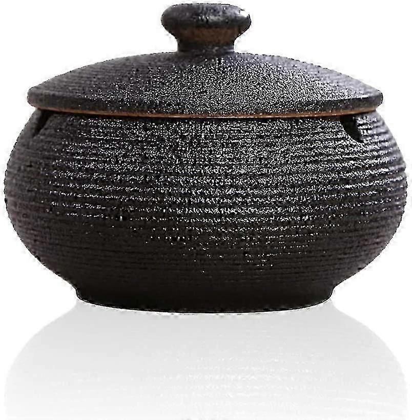 Keramisk askkopp med lock, vindtät, cigarettaskkopp för inomhus- eller utomhusbrukAskhållare för rökare, Desktop Smoking Ash Tray för hem - svart