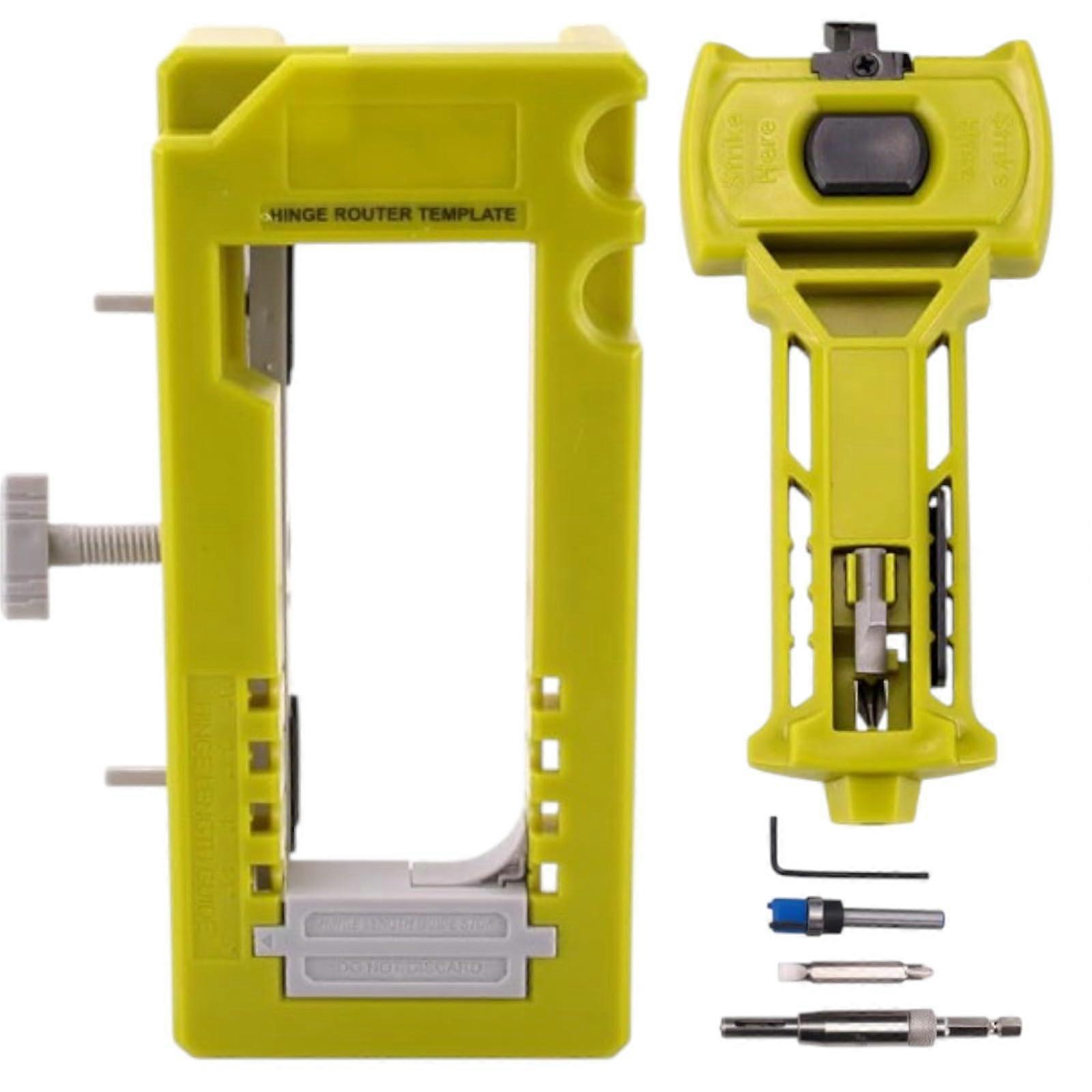 Door hinge and latch installation set with mortise template, lock tools, adjustable hinge jig