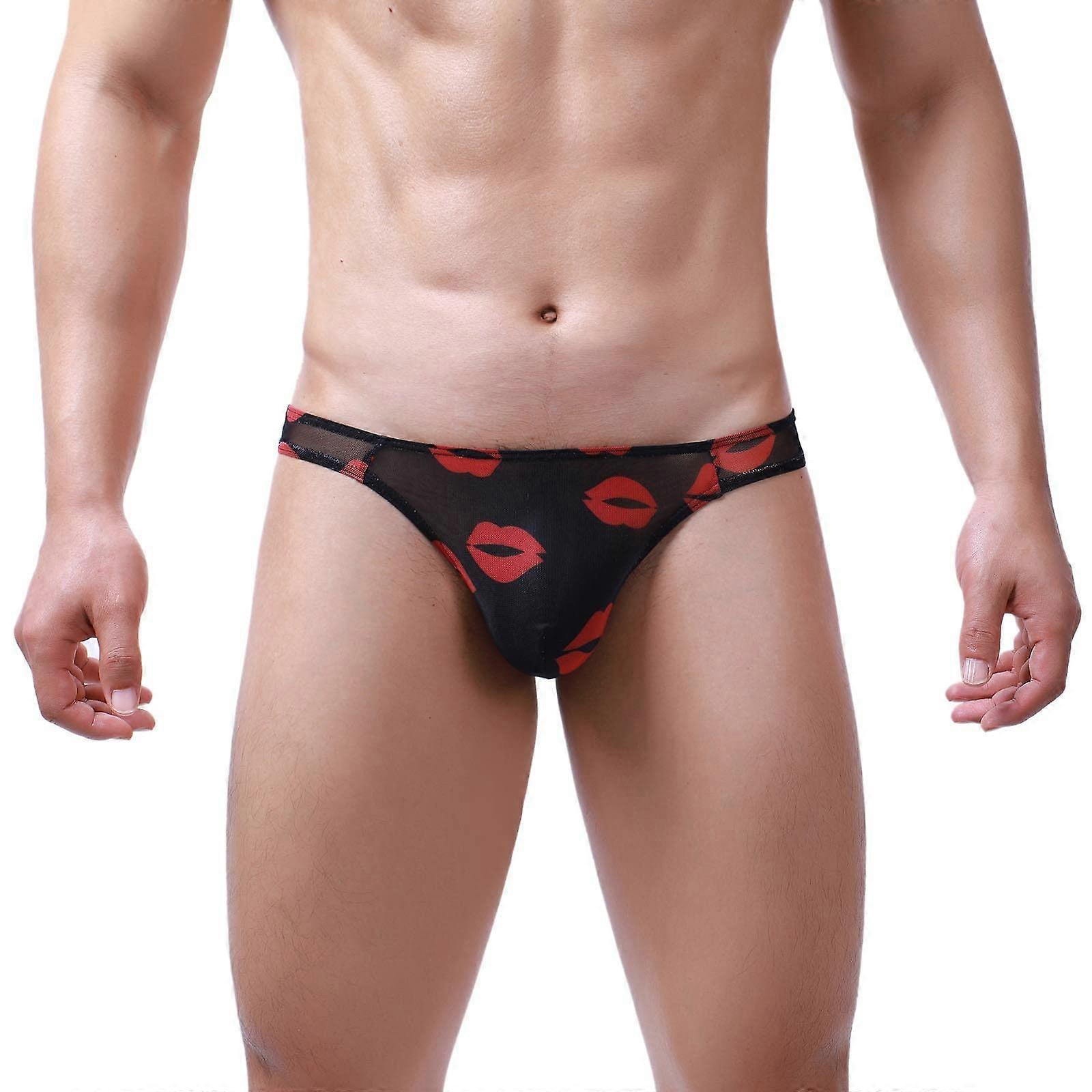 Männliche Sexy Unterwäsche Höschen mit Lippenstift Druck, Bequeme Schwarze Briefs für Herren, Größe XL