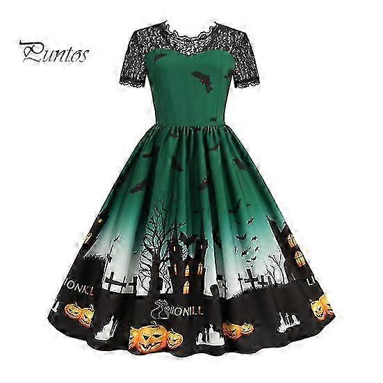 Women Halloween Party Dress Hollow Lace Round Neck Retro A-line Big Hem Haunted House Bat Printed Short Sleeves Cosplay Evening Dress