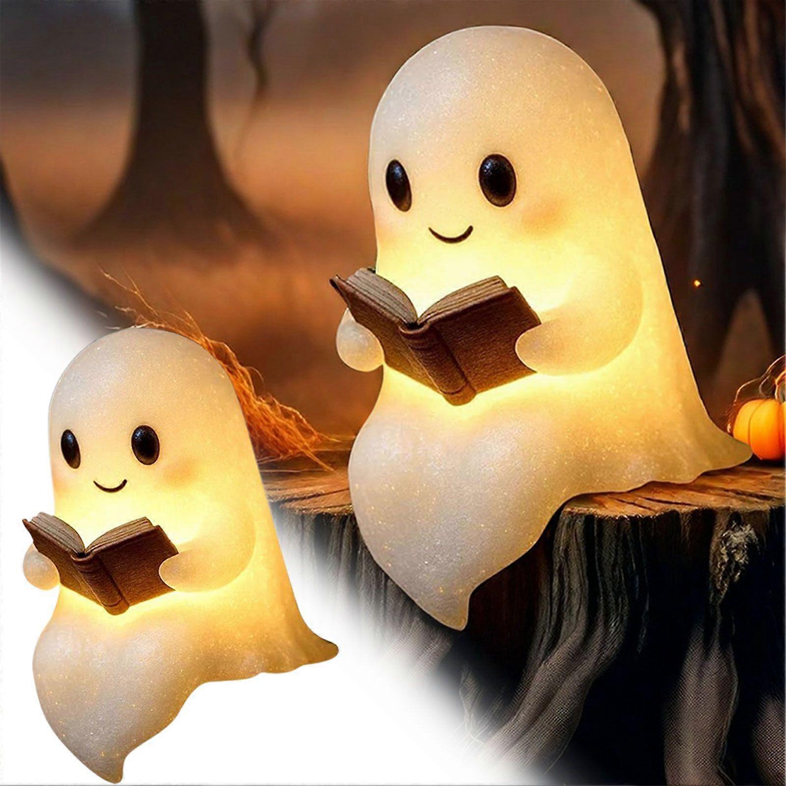 Cute Ghost Reading Book Lamp, Halloween Light Up Ghost Statue Night Light, 6 inch Ghost Figurine Lamp, House Mantel Decor