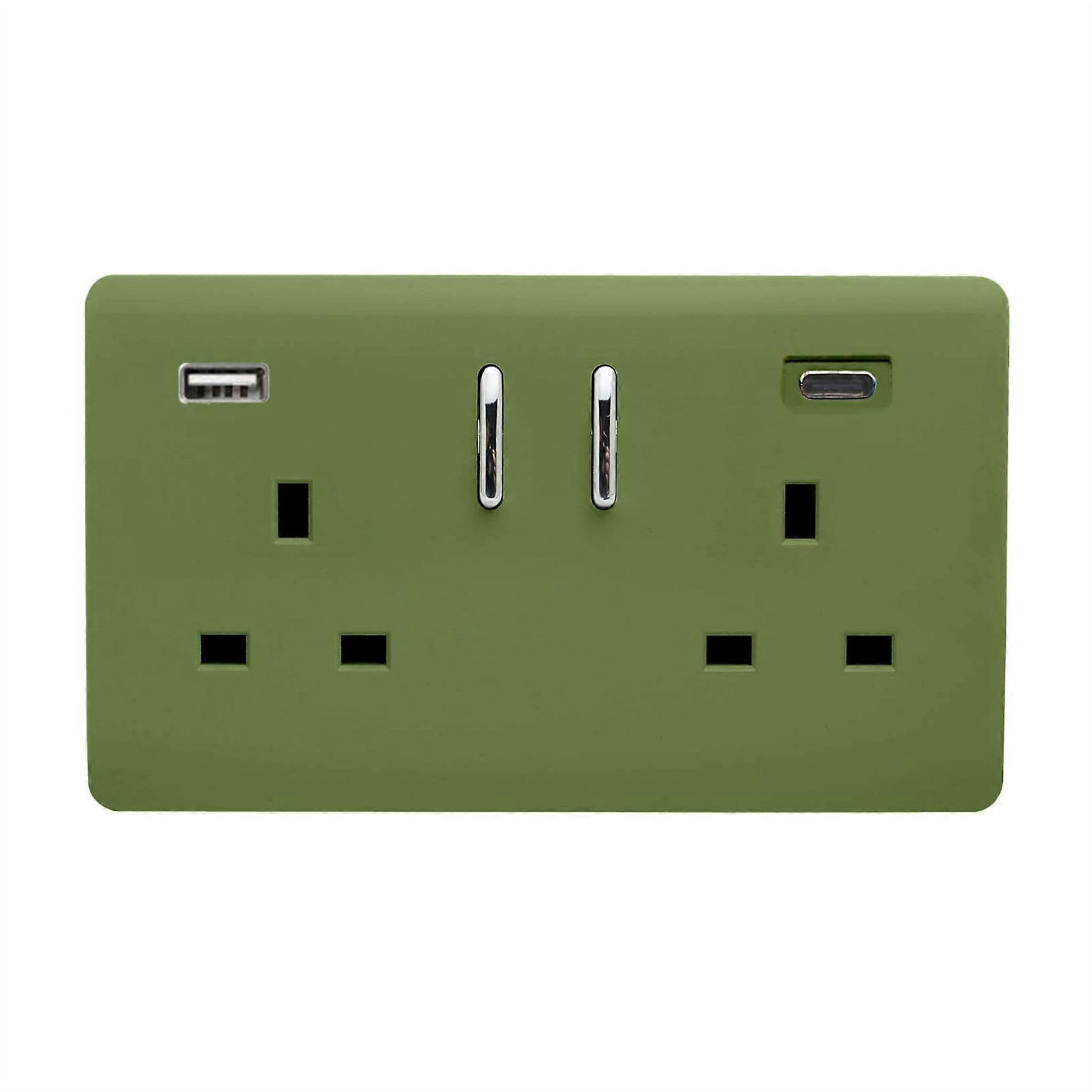 Trendi 2 Gang Artistic Modern Glossy 13 Amp 2 x Type A & C 4.8mA USB Switched Plug Socket Moss Green