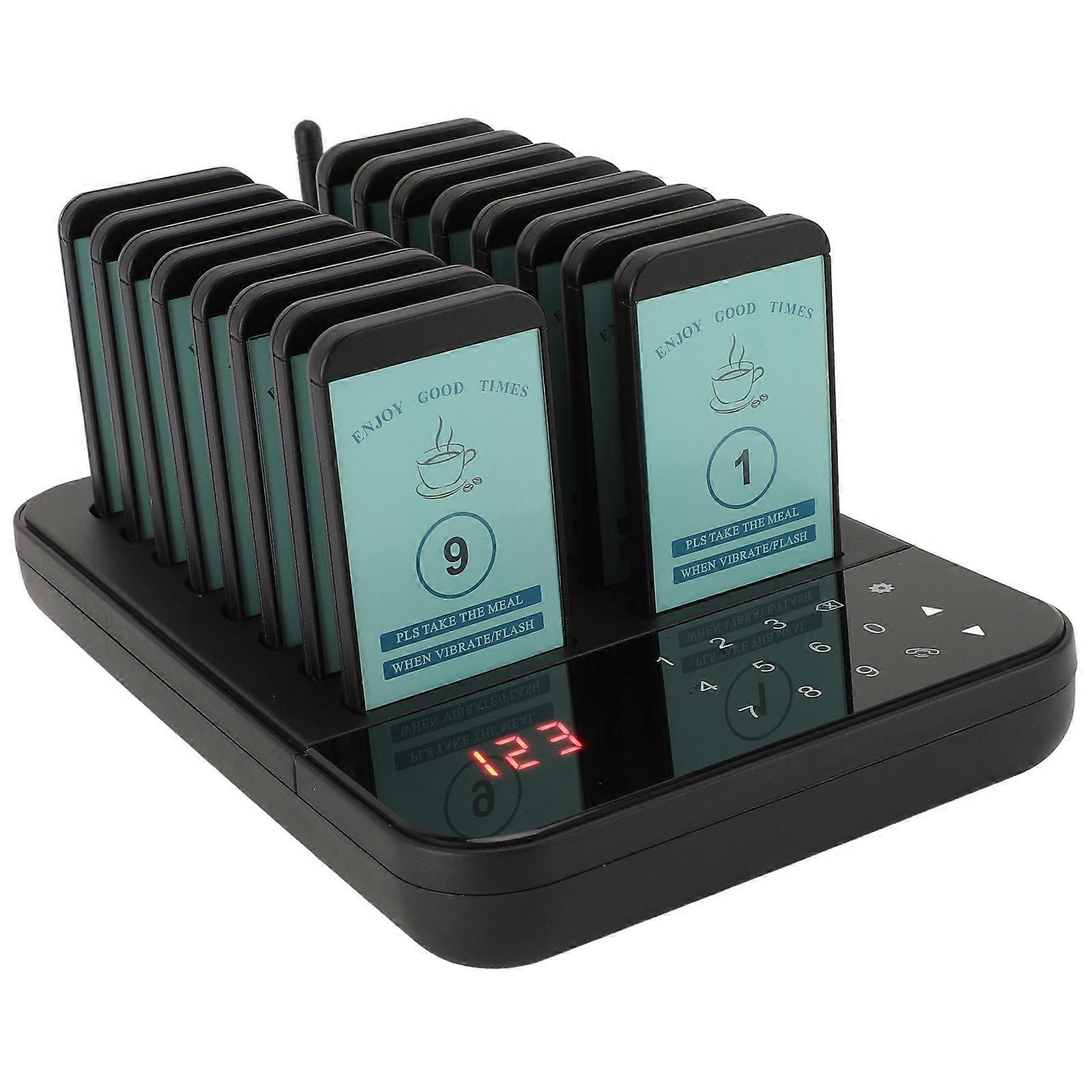Wireless Pager System 16 Pagers 500m Range Vibration Flash EU Plug