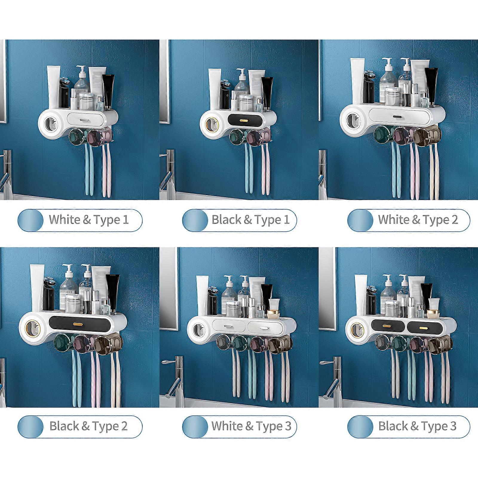 Wall Mounted Toothbrush Rack with Toothpaste Dispenser, 2-4 Cups, White/Black