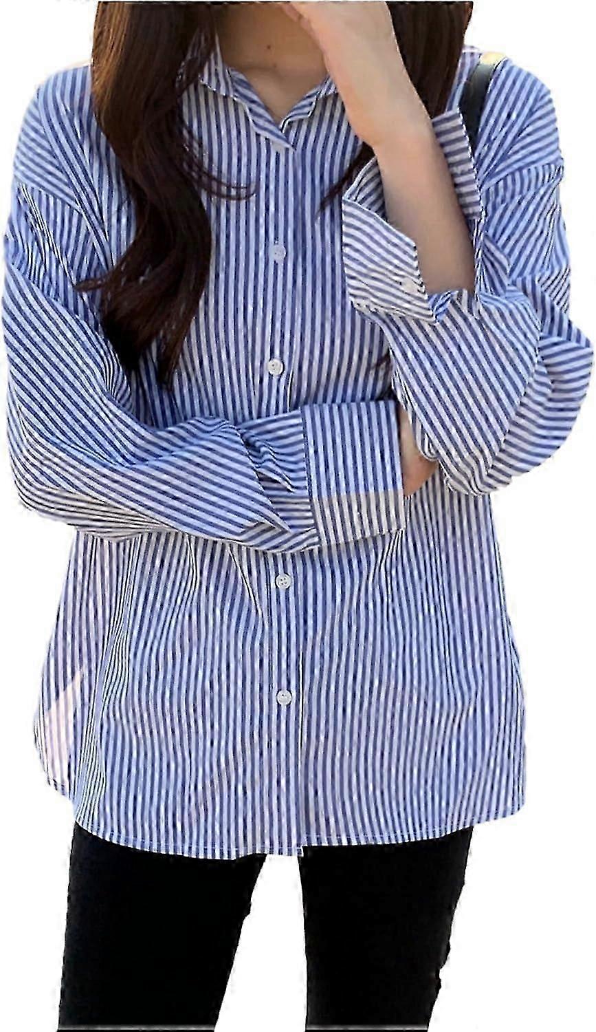 Womens Striped Button Down Shirts Long Sleeve Collared Business Office Work Blouses Shirts Tops with Pocket