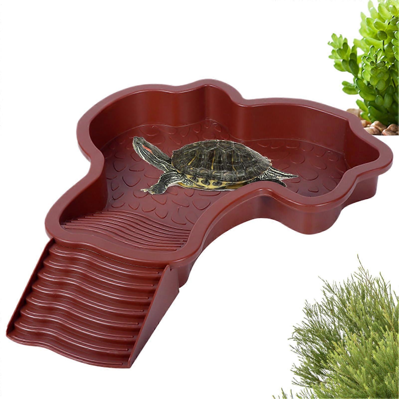 Reptile Water Pool With Ramp, Extra Large Bathing Pool, Landscape Tank Decor For Gecko, Turtle, Bearded Dragon Red Brown