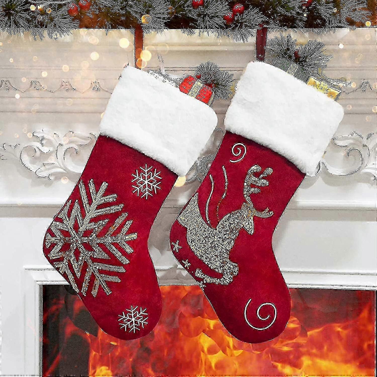 2 Pack Christmas Stockings 18" Embroidery Sequins Decor