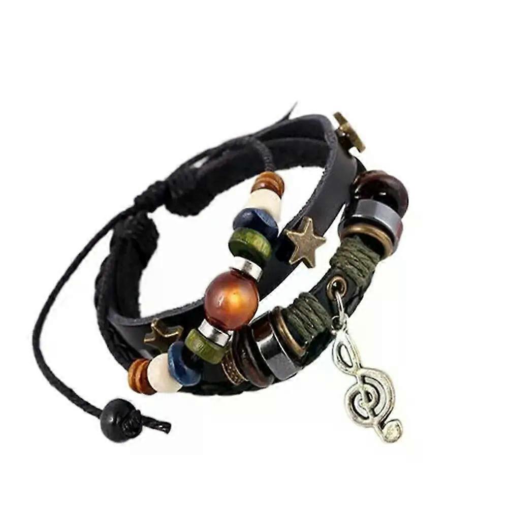 Handmade Boho Gypsy Hippie Design Brown Leather Star G Clef Note Metal Charms Wood Button Beads Wrap Unisex Adjustable Bracelet