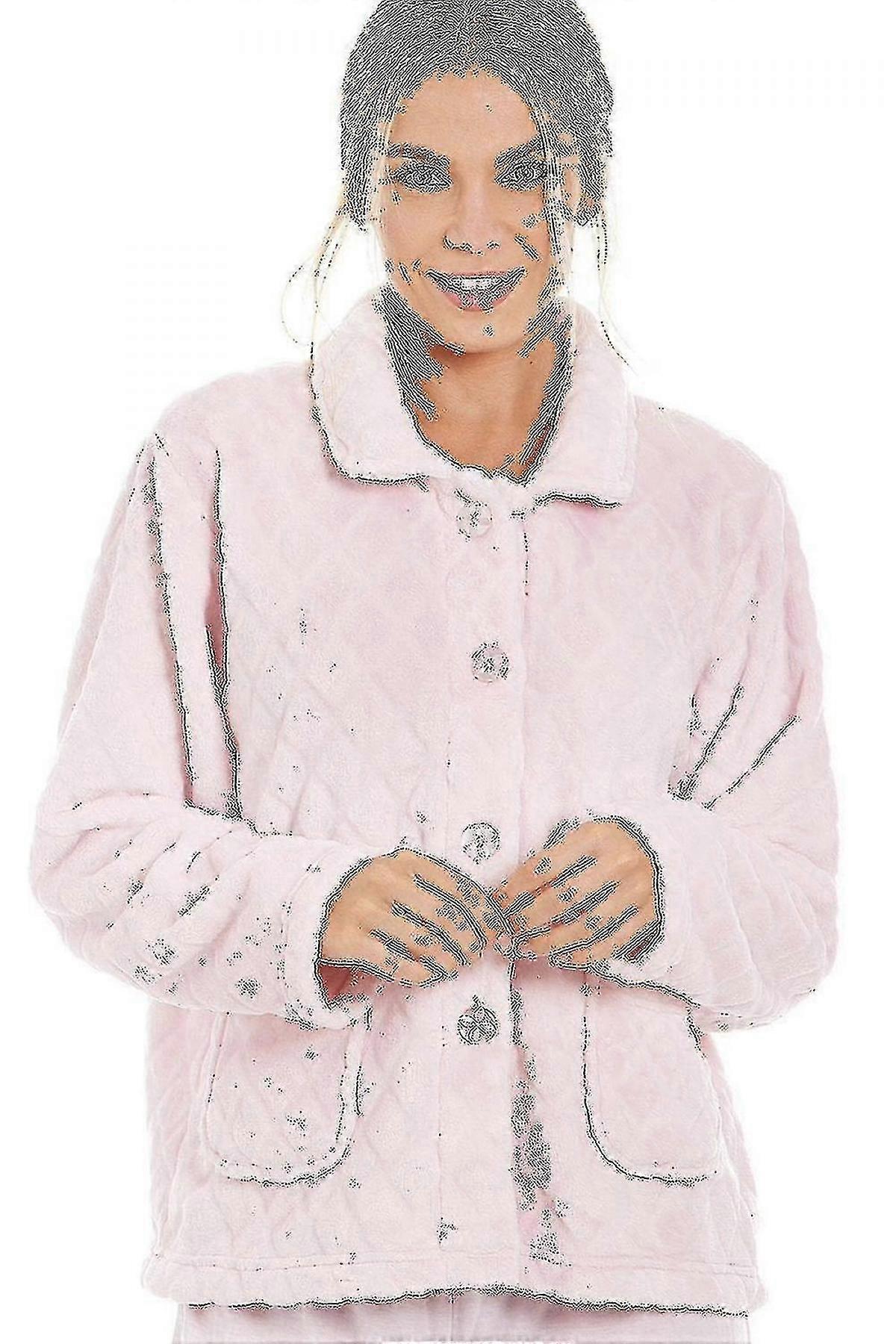 여성용 Supersoft 라이트 핑크 버튼 프론트 다이아몬드 프린트 침대 재킷
