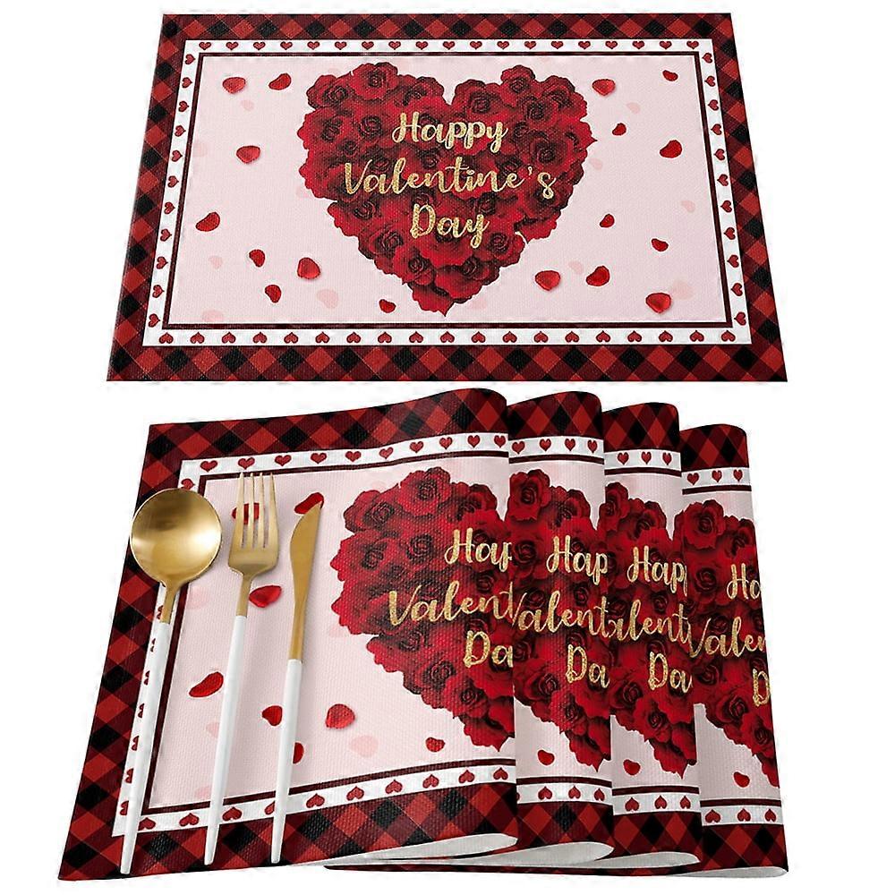 4Pcs Valentines Placemats Hearts Pattern Design Tablemats for Dinner Table Red Buffalo Check Plaid Table Mats Cotton and Linen Washable,11.8*17.7inch