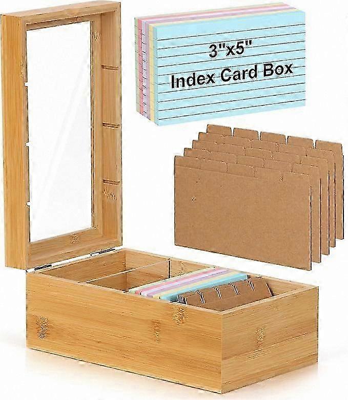 Wooden Index Card Organizer with Lid - 3x5 Card Holder with 4 Dividers - Bamboo Recipe Box for 1200 Cards - 5-9" Wide x 10" Long