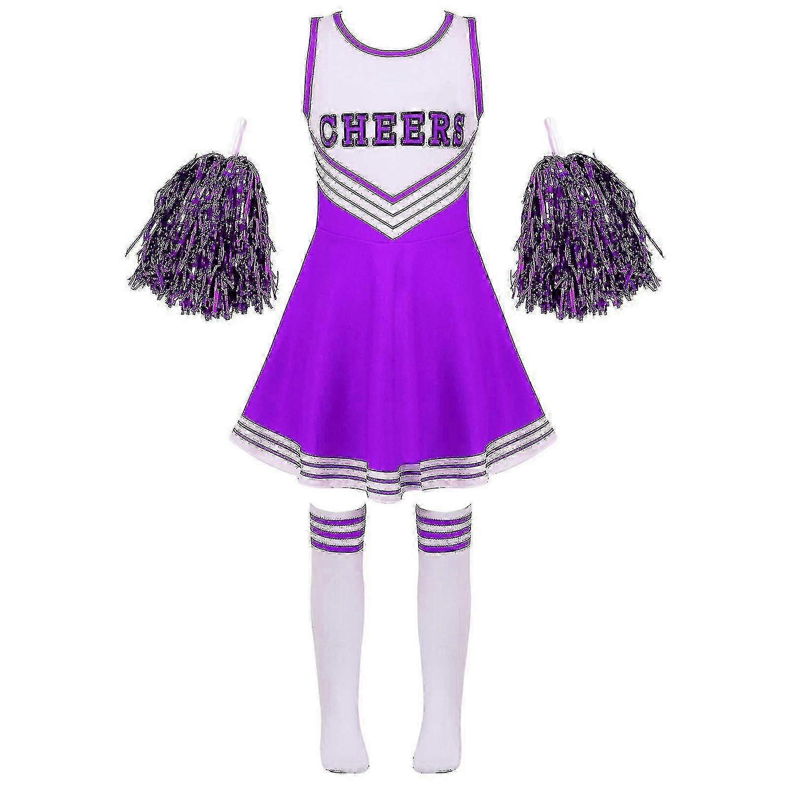 Lasten tyttöjen cheerleading-univormut: Hihaton kirjainprinttitanssi- ja cosplay-mekko sukilla lavaesiintymiseen, valmistaja Fi_Lucky_B