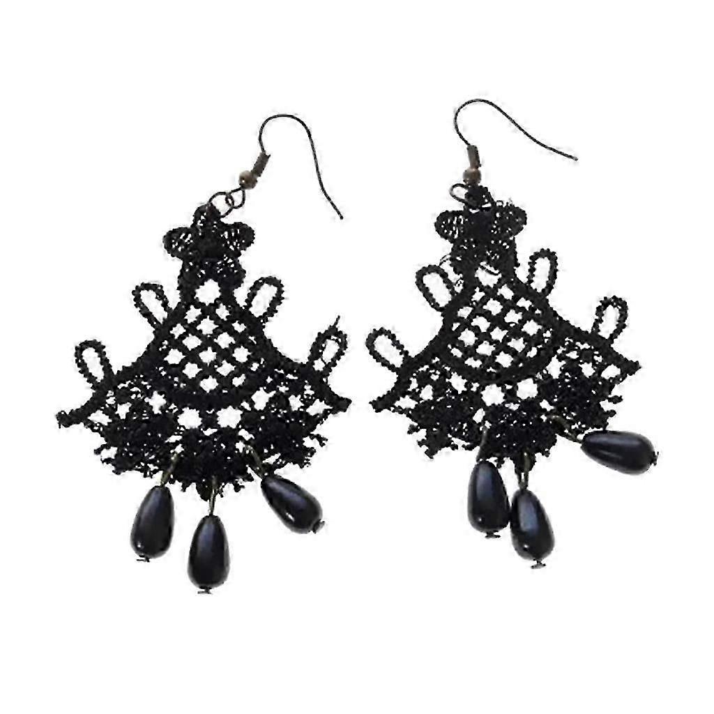 Black Lace Dangle Earrings with Beads for Women's