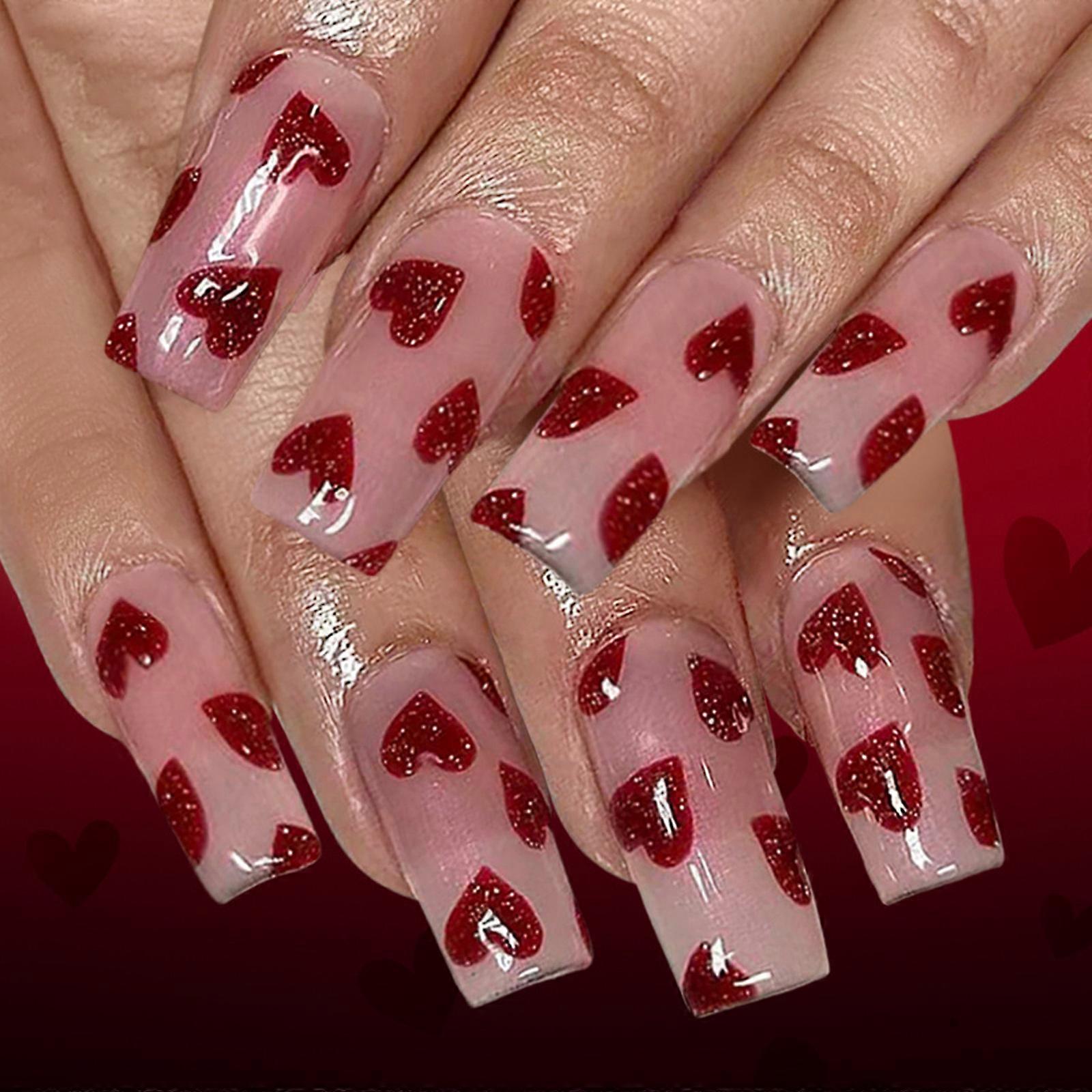 24PCS Valentines Glitters Heart Artificial Nail Medium Coffin Length Glossy ABS Material Easy Application Set Multicolor