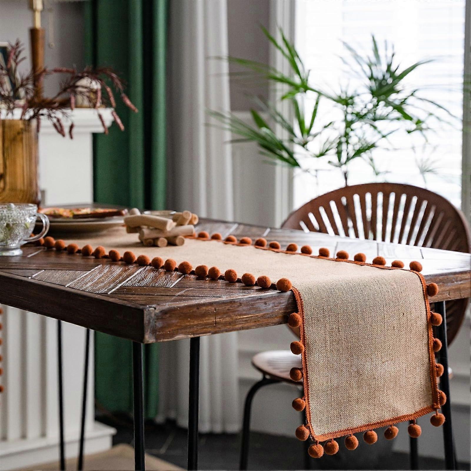 Linen Table Runner with Pompoms for Dining, Wedding, Parties, Everyday Use, Brown 30x200cm