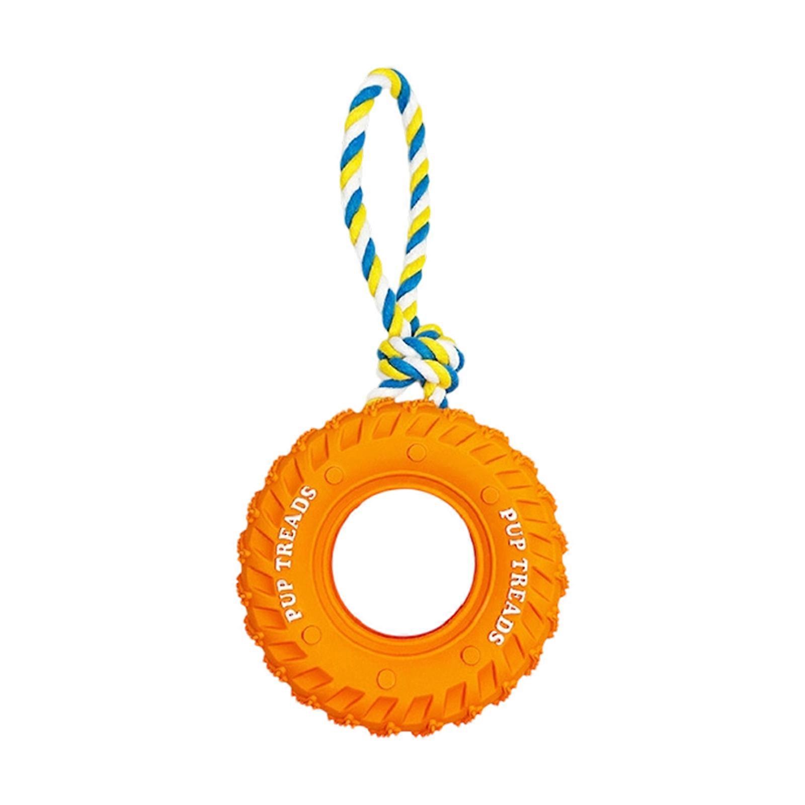 Chews Proof Rubber Tire Dog Toy With Interactively Rope And Hide Treat Compartment   orange.