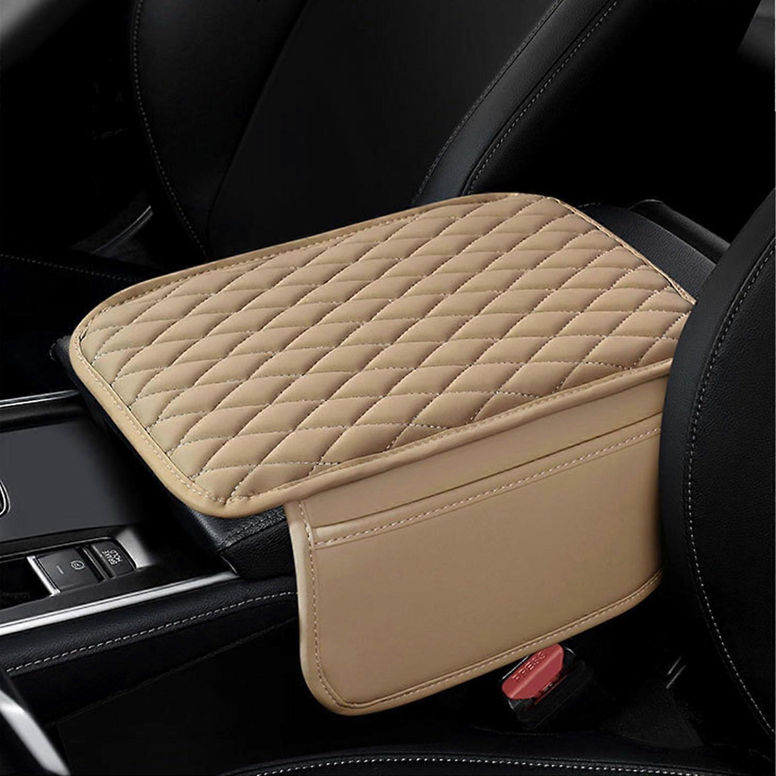 Leather Car Armrest Cover with Dual Side Pockets, Waterproof Center Console Cushion Protector, Beige