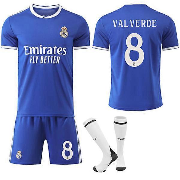 Ensemble maillot extérieur bleu Real Madrid CF n° 8 Valverde, taille enfant/adulte, avec chaussettes n° 8 et 22 pouces.