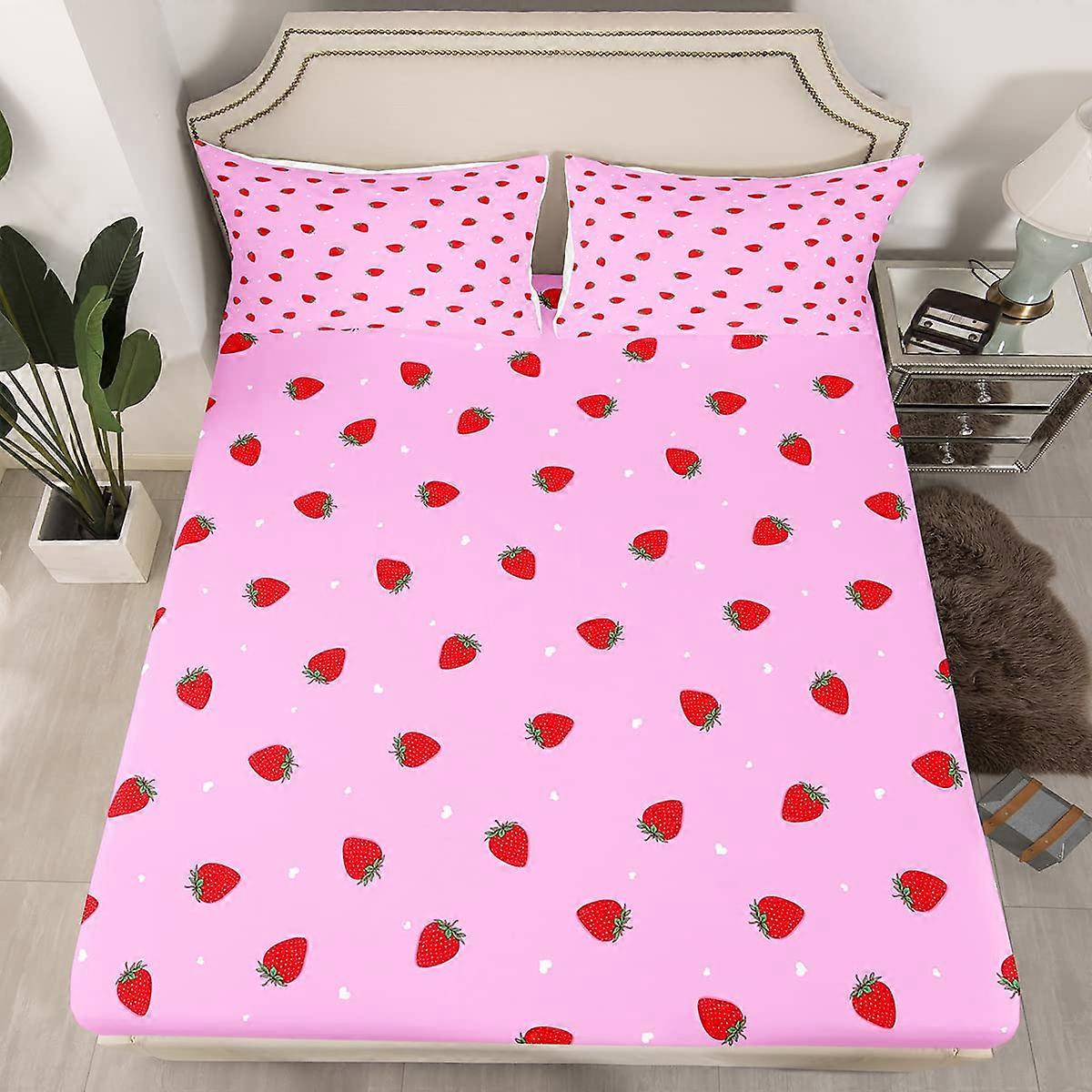 Queen Size Pink Strawberry Fitted Sheet Set, Cute 3D Print Bedding, Soft Microfiber Deep Pocket