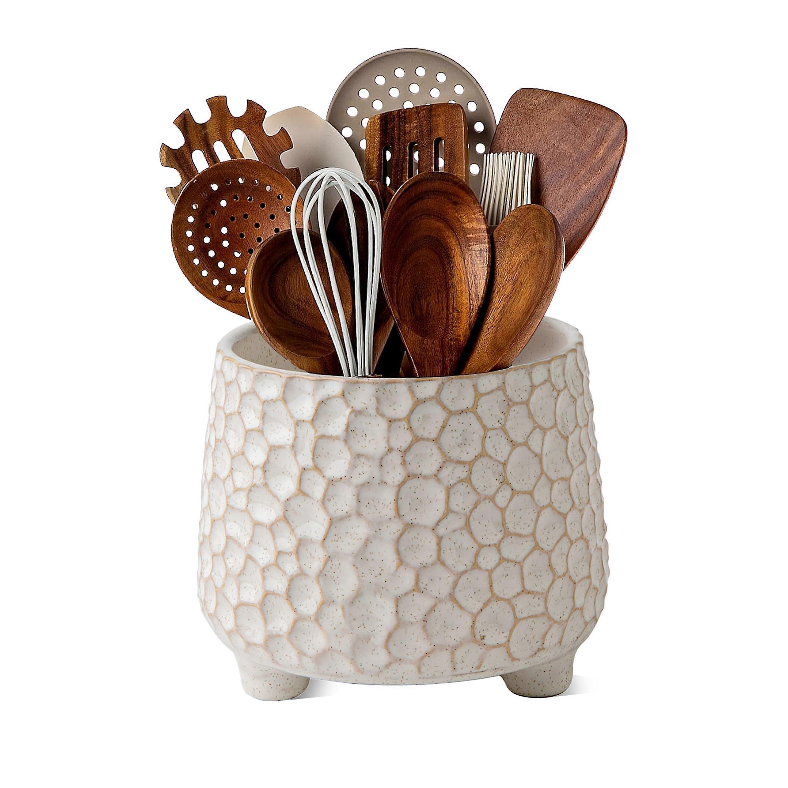 Ceramic Utensil Holder with Embossed Farmhouse Style and Stable Base, 4.5Inch Cream White Crock