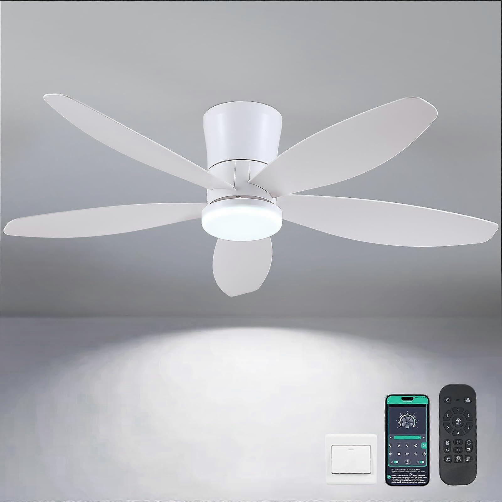 48 Inch Low Profile Ceiling Fan with Lights and Remote, Flush Mount LED, Reversible DC Motor, White
