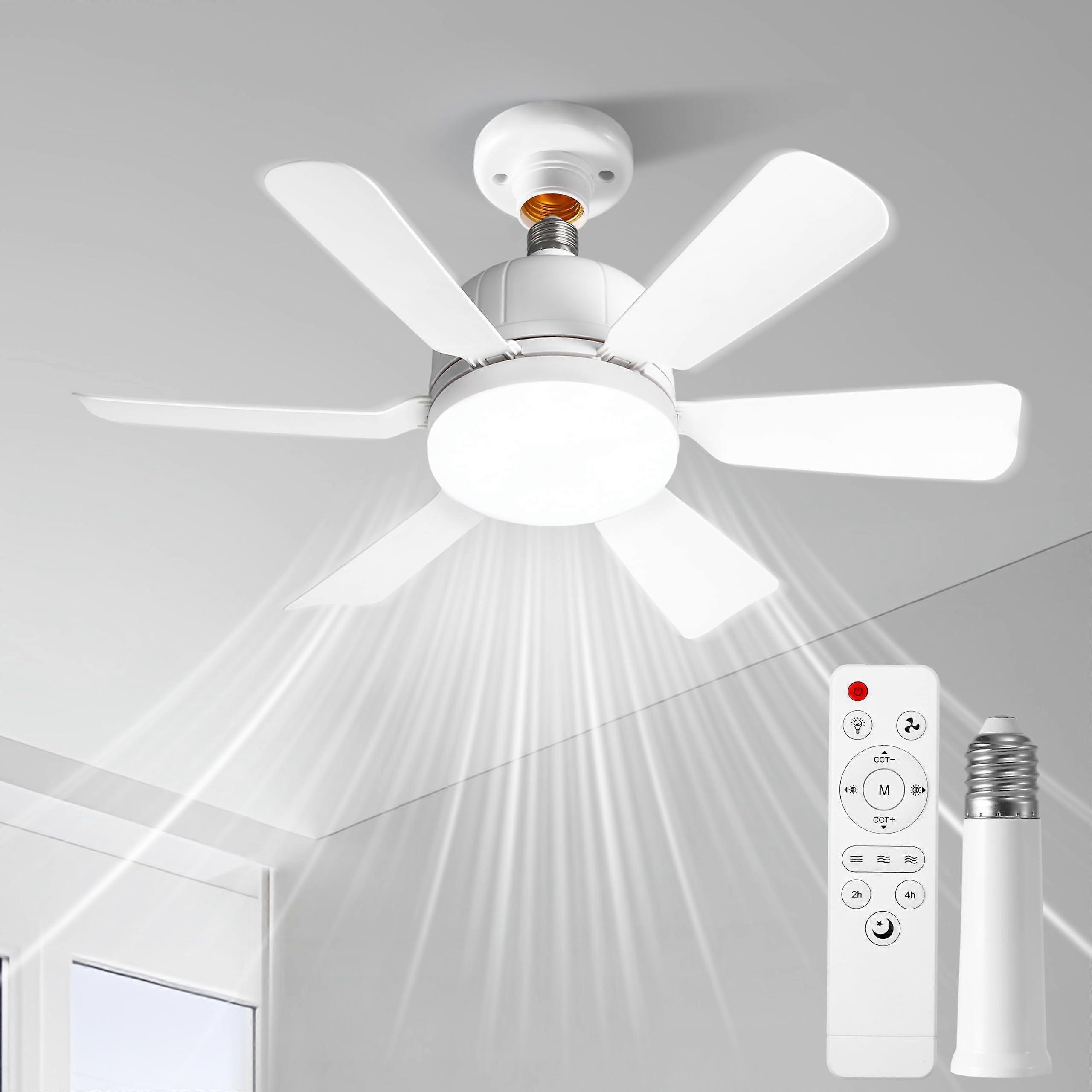 Ceiling Fan with Light, E26 Socket Plugin LED Fixture, Remote Control, Quiet 3Speed Six Blades White