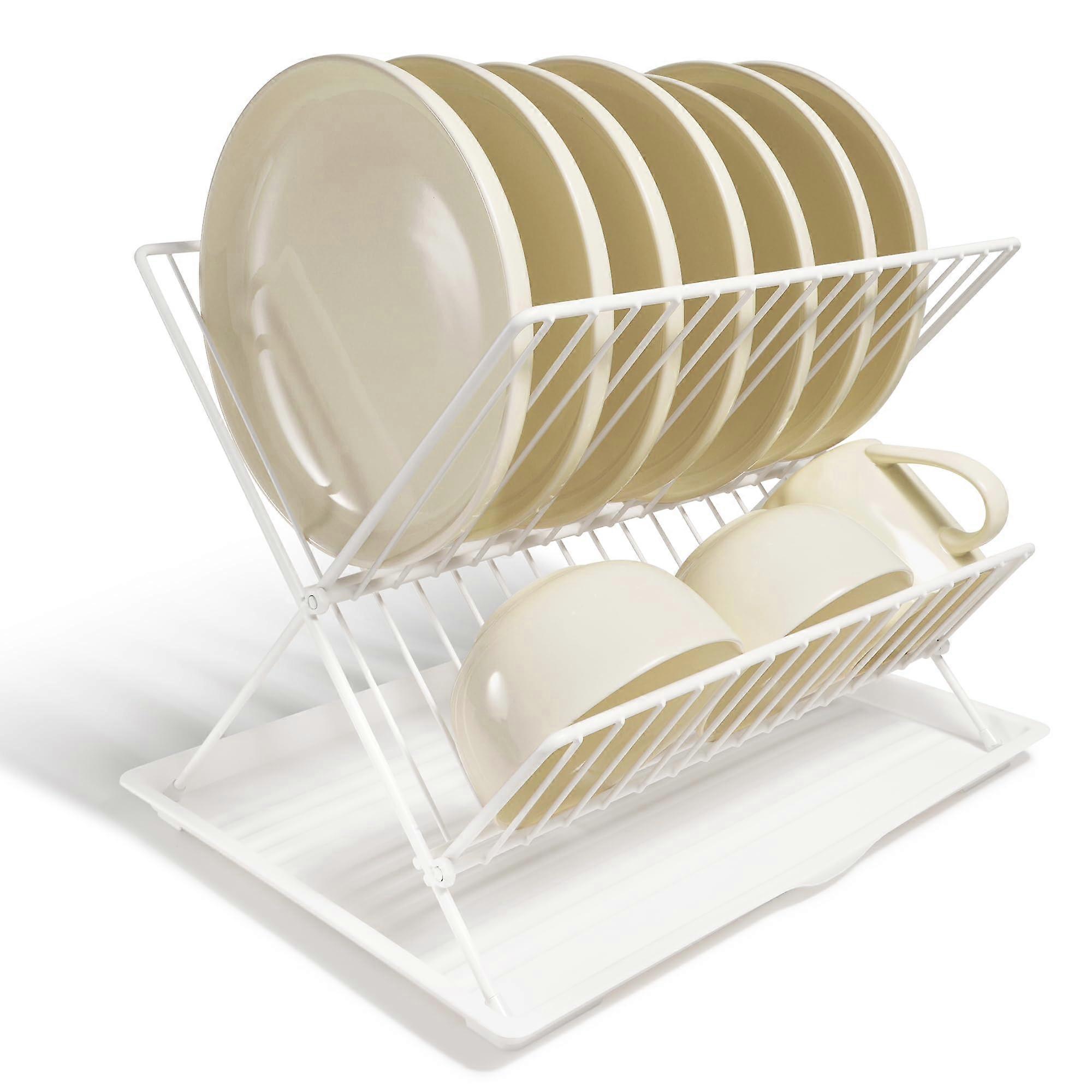 Foldable Steel Dish Drying Rack with Drain Tray, RustResistant SpaceSaving Organizer for Plates and Bowls