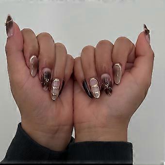 Faux ongles à coller, forme amande moyenne, dorés, french manucure, marron à motifs floraux, couverture complète, kit de manucure 24 pièces
