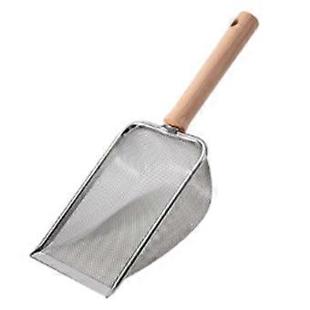 Kattesandskje i rustfritt stål med ergonomisk trehåndtak for dyprengjøring av kattesand og bruk av flere kjæledyr