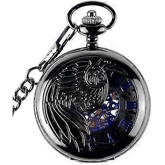 Blue Roman Numerals Dial Mechanical Pocket Watch Skeleton Steel Pendant Necklace