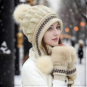 Set di 2 pezzi cappello e guanti invernali da donna - Fodera in pile spesso beige/bianco/nero/marrone, bordo in morbida pelliccia e paraorecchie, elastico [MI]