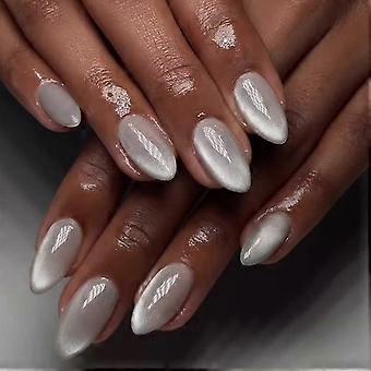 Medium Almond Press on Nails with Magnetic Cat Eye White Glitter Acrylic 24pcs Reusable Set
