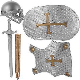 Retro Armor Set Kids Knight Costume with Wearable Toy Shield and Helmet Cosplay Accessories for Halloween Party and Role Play