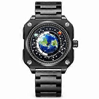Binbang Square Men's Quartz Watch Wandering Earth Map Blue Planet Student Concept Black Steel Black Dial JY
