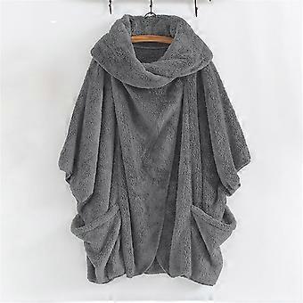 Dam Casual Enfärgad Polotröja Stora Fickor Kappa Vintage Oversize Kappor Mode Hög Krage Plysch Vinterjacka